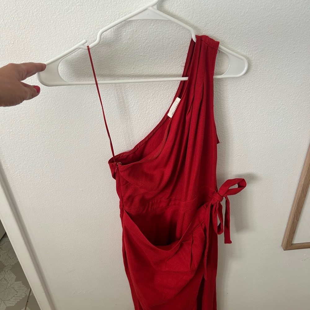 Melloday Red, One-Shoulder Wrap Midi Dress